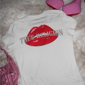 True Religion White T-Shirt with Red Lips Design